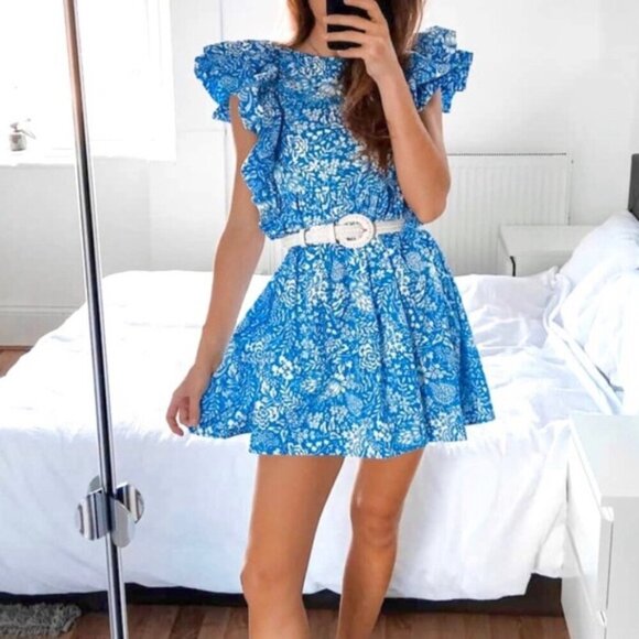 Zara Floral Ruffle Sleeve Cotton Poplin Mini Dress Blue White Size Large - Picture 1 of 14